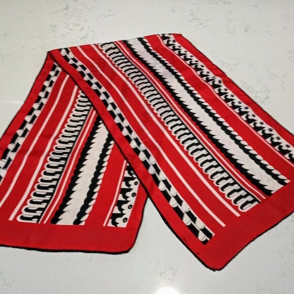 Vintage Red Black & White Print Oblong Silk Scarf - Picture 1 of 3